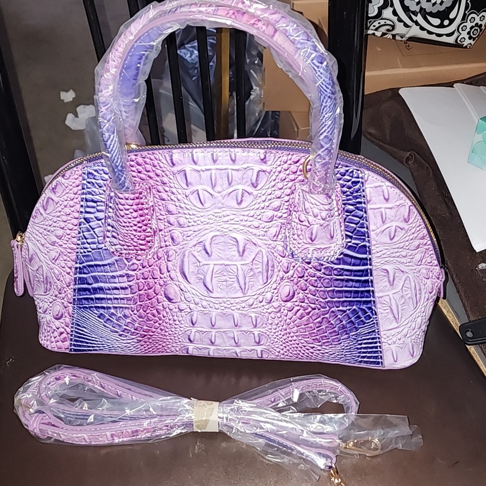 MAK Purple Ombre CrocEmbossed Vegan Leather Satchel W/crossbody Nwt Brahmin LIKE - Picture 2 of 7